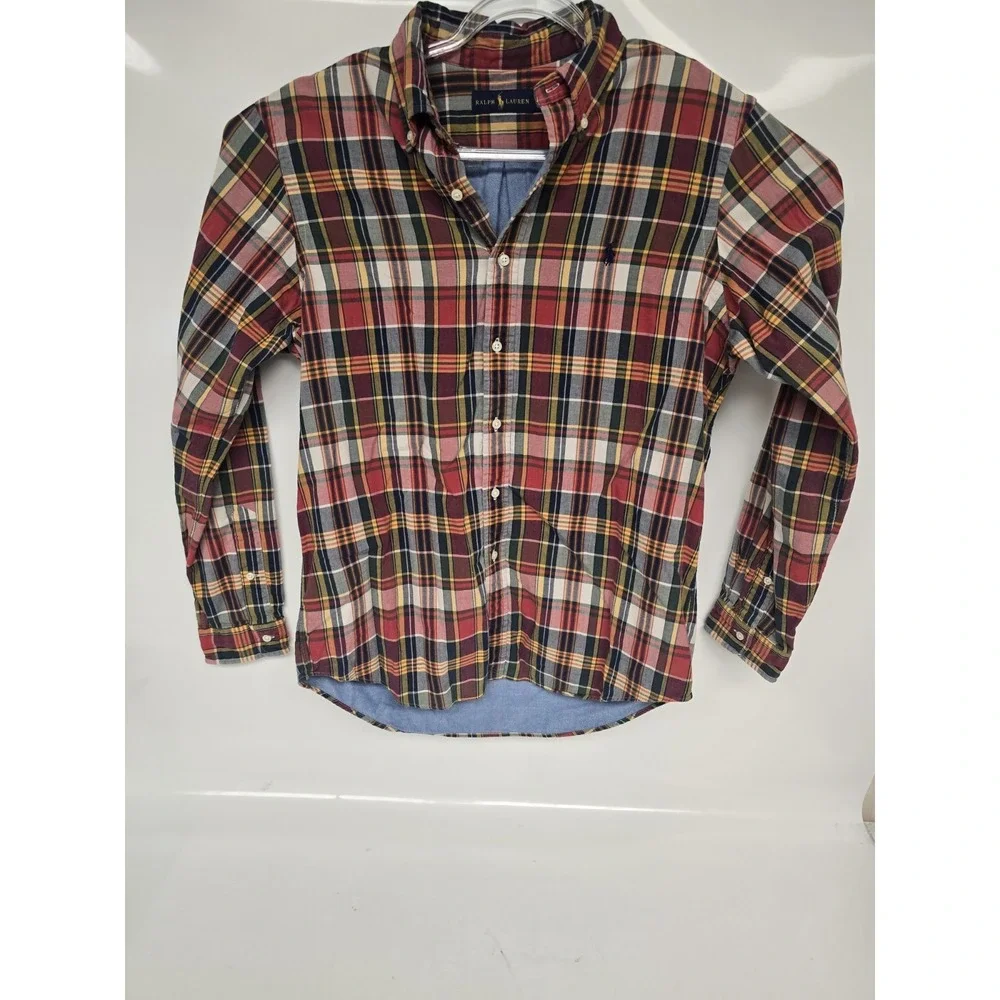 Ralph Lauren Mens Blue Lined Insulated‎ Shirt Red Plaid Madras Patchwork Large